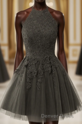 Black Halter Tulle With Lace Short Party Dresses, Black Tulle Homecoming Dresses