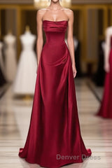 A-Line Sleeveless Wine Red Satin Evening Dresses, Wine Red Long Prom Dresses