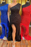One-Shoulder Sequin Feather Long Prom Dresses with Slit