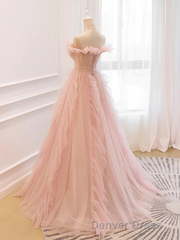 Pink Tulle Off The Shoulder A-Line Tulle Ruffles Floor-Length Prom Dresses, Pink Long Party Dresses