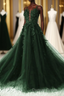 Green A-Line Tulle With Lace Low Back Prom Dresses, Green Tulle Evening Dresses Party Dresses