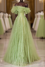 Green Floor Length Simple Off Shoulder Long Formal Dresses, Green A-Line Prom Dresses