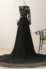 Black Long Sleeves Chiffon With Lace Evening Dresses, Black A-Line Party Dresses With Leg Slit