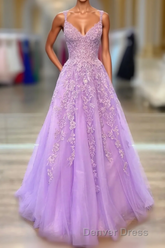 A-Line Tulle Princess Light Purple Prom Dresses With Appliques, Tulle Straps Formal Dresses
