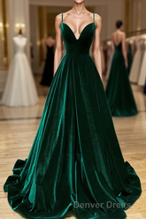 Green V-Neckline Straps Lace-Up A-Line Prom Dresses, Green Velvet Long Prom Dresses