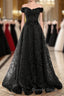 A-Line Off Shoulder Black Tulle With Lace Party Dresses, Black Long Prom Dresses