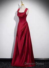 A-Line Sleeveless Wine Red Satin Evening Dresses, Wine Red Long Prom Dresses