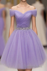 Purple Off Shoulder Tulle Sequin Prom Dresses, Purple Homecoming Dresses