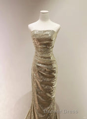 Gold Sequins Mermaid Scoop Long Evening Dresses, Gold Long Prom Dresses Party Dresses