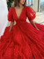 Red V Neck Tulle Tea Length Prom Dress Red Prom Dresses