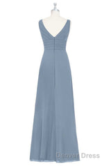 Dusty Blue V-Neck Banded Waist Ruffled Long Bridesmaid Dresses