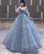 Blue V Neck Tulle Sequin Long Prom Dress, Blue Tulle Prom Dresses, 1
