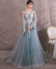 Green V Neck Tulle Lace Long Prom Dress Green Prom Dresses