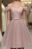 Simple V Neck Tulle Off Shoulder Short Prom Dress, Pink Homecoming Dresses