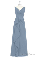 Dusty Blue V-Neck Banded Waist Ruffled Long Bridesmaid Dresses