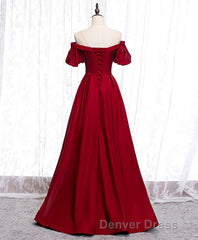 Simple Sweetheart Burgundy Satin Long Prom Dresses, Burgundy Evening Dresses