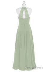 Sage Green Chiffon Halter Backless Long Bridesmaid Dresses
