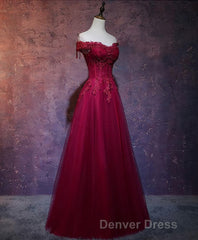 Burgundy Tulle Lace Off Shoulder Long Prom Dresses, Burgundy Lace Evening Dresses