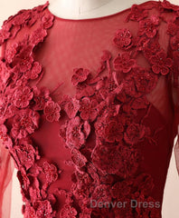 Burgundy Lace Satin Long Prom Dresses, Burgundy Lace Evening Dresses