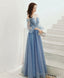 Blue Round Neck Tulle Sequin Long Prom Dress Tulle Prom Dresses