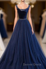 Dark Blue Tulle Long Prom Dresses, Dark Blue Tulle Evening Dresses
