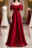 Burgundy Satin Beads Long Prom Dresses, Burgundy Evening Dresses