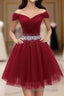 Burgundy Tulle Sequin Short Prom Dress, Burgundy Homecoming Dresses, 1
