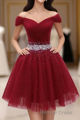 Burgundy Tulle Sequin Short Prom Dresses, Burgundy Homecoming Dresses, 1