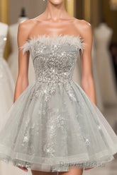 Gray Sweetheart Lace Tulle Short Prom Dresses, Gray Cocktail Dresses