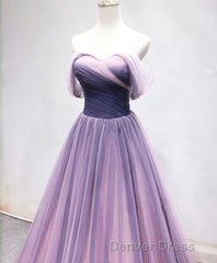 Simple Sweetheart Tulle Purple Long Prom Dresses, Bridesmaid Dresses