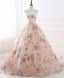 Pink Round Neck Tulle Lace Long Prom Dresses, Pink Long Prom Gowns