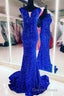 Blue Sequin V Neck Lace Up Mermaid Long Prom Dresses