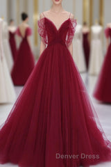 Wine Red Tulle V-Neckline Off Shoulder With Bow, Wine Red Tulle Long Prom Dresses