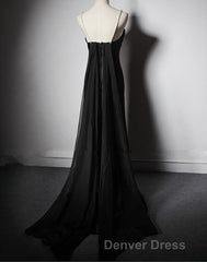 Black Soft Satin A-Line Floor Length Prom Dresses, Black Straps Long Evening Dresses