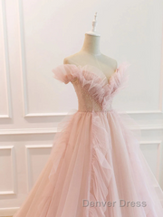 Pink Tulle Off The Shoulder A-Line Tulle Ruffles Floor-Length Prom Dresses, Pink Long Party Dresses