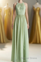 Sage Green Chiffon High Neck Long Bridesmaid Dresses