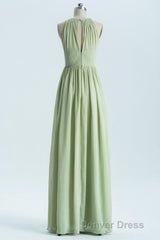 Sage Green Chiffon High Neck Long Bridesmaid Dresses