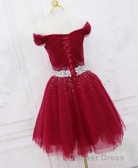 Burgundy Tulle Sequin Short Prom Dresses, Burgundy Homecoming Dresses, 1