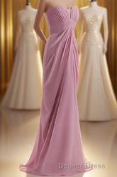 Strapless Blush Pink Draped High Waist Long Bridesmaid Dresses