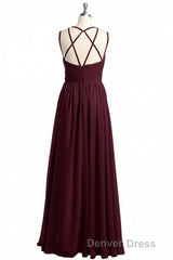 Burgundy Chiffon Spaghetti Straps A-line Long Bridesmaid Dresses