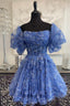 Blue Puff Sleeves Ruffles A Line Prints Homecoming Dresses