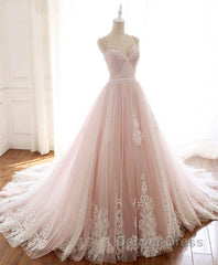 Pink Sweetheart Lace Tulle Long Prom Dresses, Lace Pink Evening Dresses