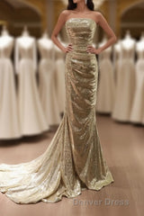 Gold Sequins Mermaid Scoop Long Evening Dresses, Gold Long Prom Dresses Party Dresses