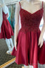 A Line Wine Red Beaded V Neck Homecoming Dresses