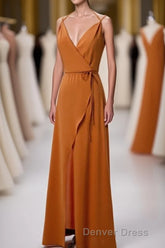 Burnt Orange Spaghetti Straps Long Bridesmaid Dresses with Slit