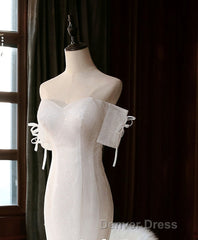 White Sequin Mermaid Long Prom Dresses, White Wedding Dresses