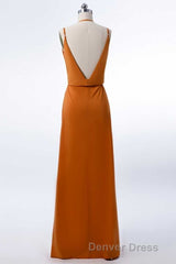 Burnt Orange Spaghetti Straps Long Bridesmaid Dresses with Slit
