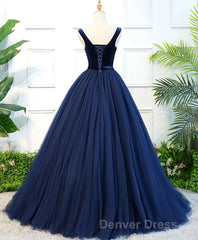 Dark Blue Tulle Long Prom Dresses, Dark Blue Tulle Evening Dresses