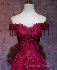 Burgundy Tulle Lace Off Shoulder Long Prom Dresses, Burgundy Lace Evening Dresses