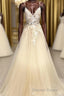 Champagne V Neck Tulle Lace Long Prom Dress